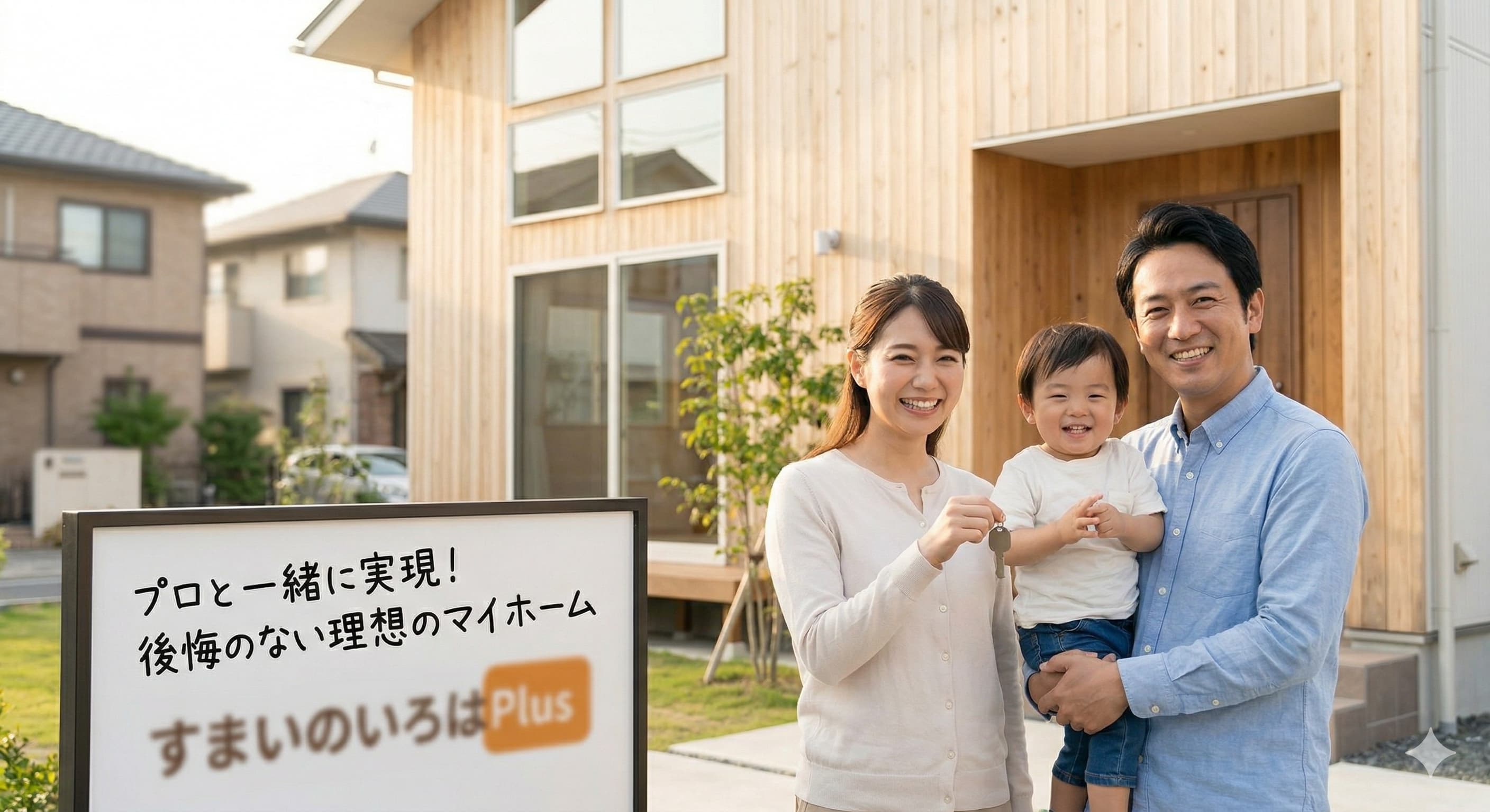 夫婦と子供が、完成した理想のマイホームの前で笑顔で立っているイメージ画