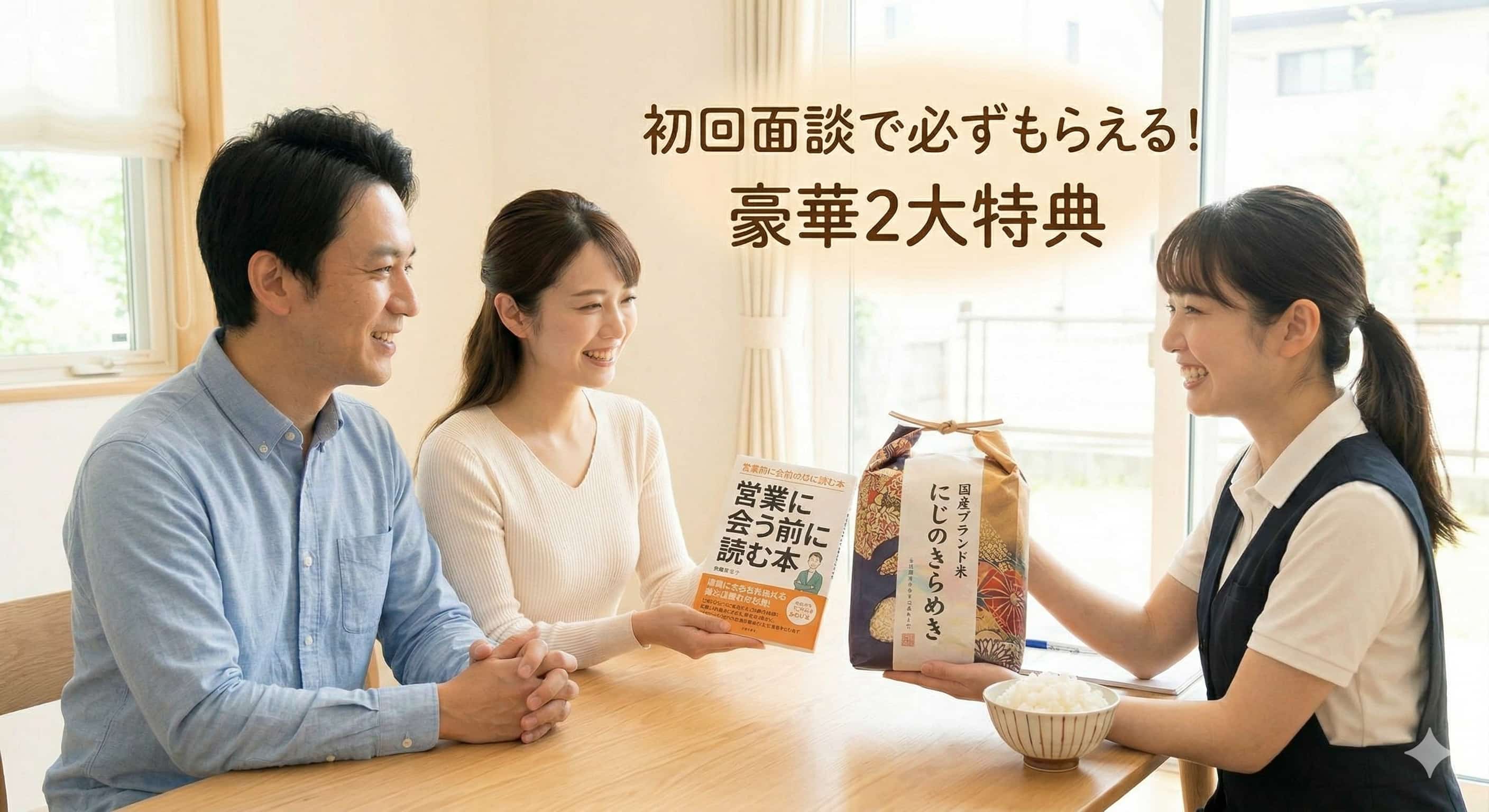 スタッフが特典を『営業に会う前に読む本』（PDFの表紙）と国産ブランド米「にじのきらめき」を手渡している。イメージ画