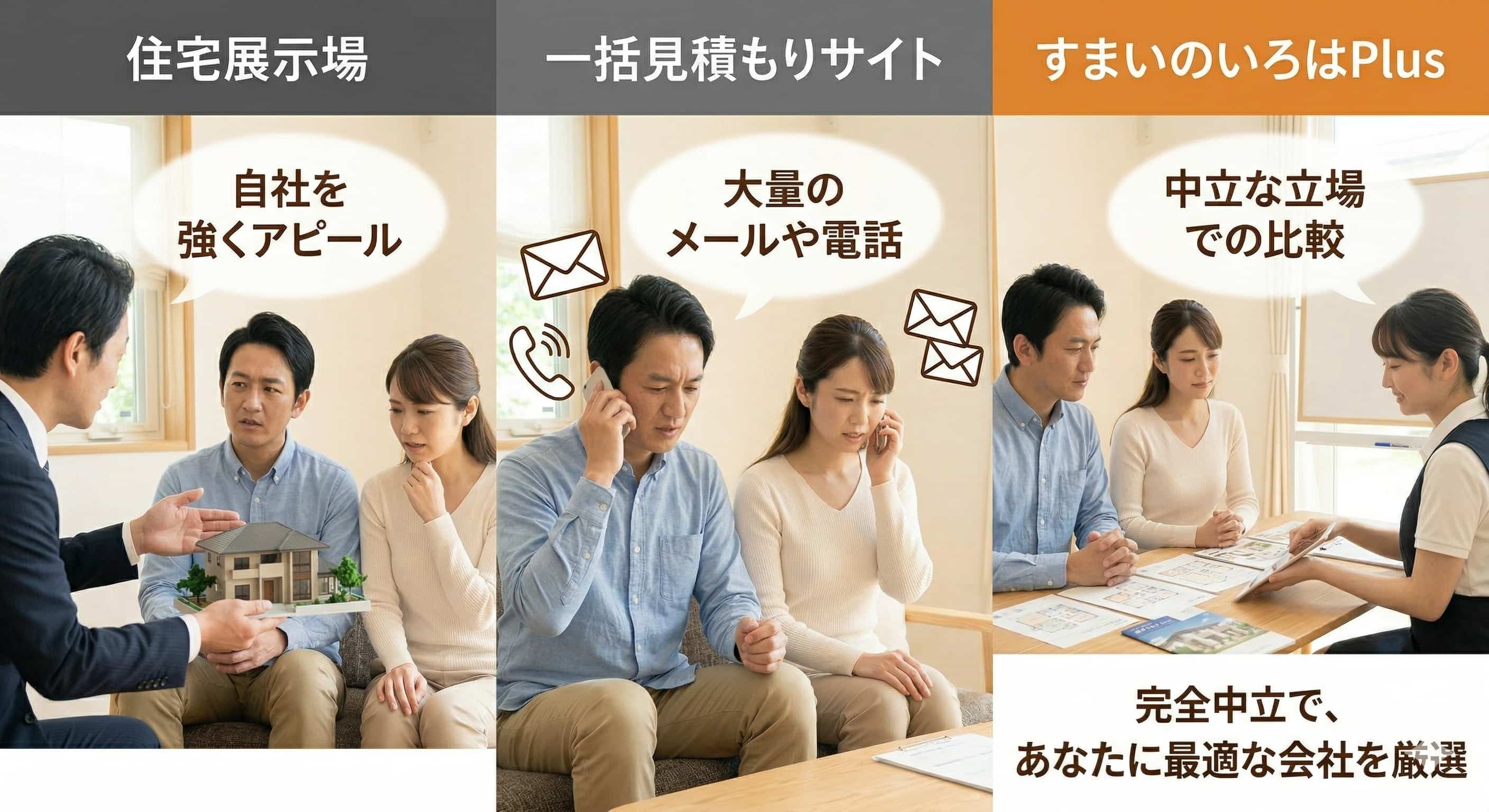 すまいのいろはPlusと住宅展示場・一括見積もりサイトの違いのイメージ画